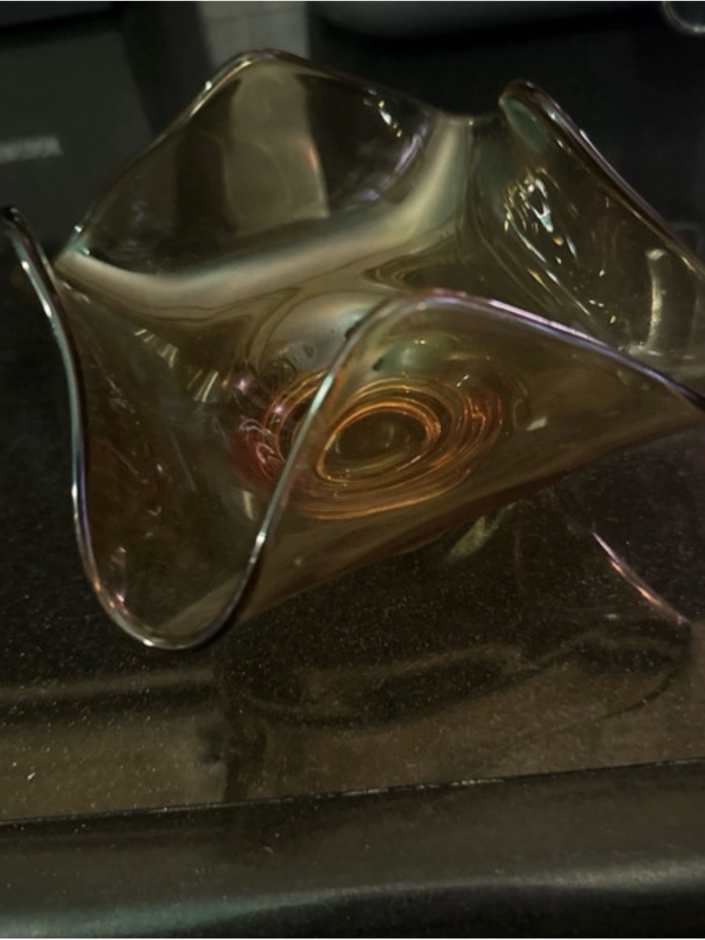 Indiana Glass Iridescent Amber Ruffled Glass Bowl